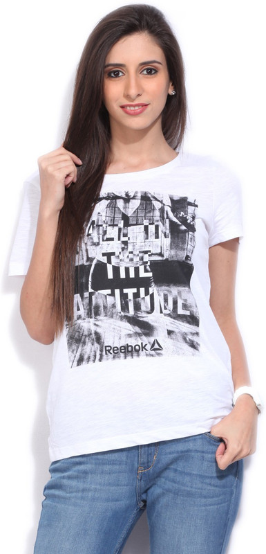 REEBOK Printed Women Round Neck White T-Shirt
