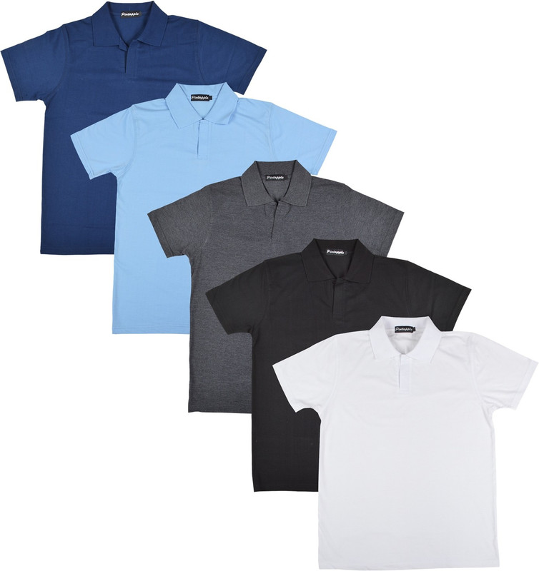 Pintapple Solid Men Polo Neck White, Black, Grey, Light Blue, Dark Blue T-Shirt(Pack of 5)