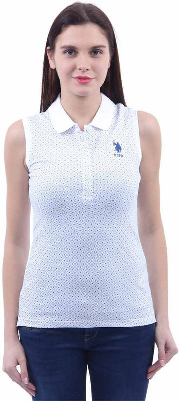 U.S. Polo Assn Printed Women Polo Neck White T-Shirt