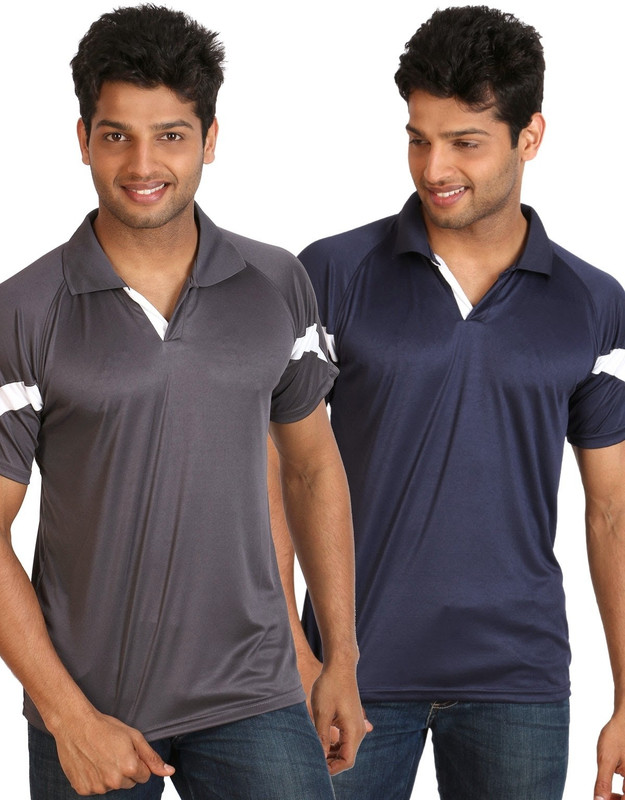 Campus Sutra Solid Men Polo Neck Grey, Blue T-Shirt(Pack of 2)