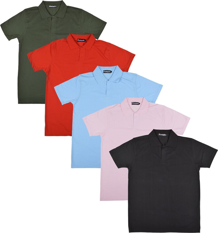 Pintapple Solid Men Polo Neck Black, Pink, Light Blue, Red, Dark Green T-Shirt(Pack of 5)