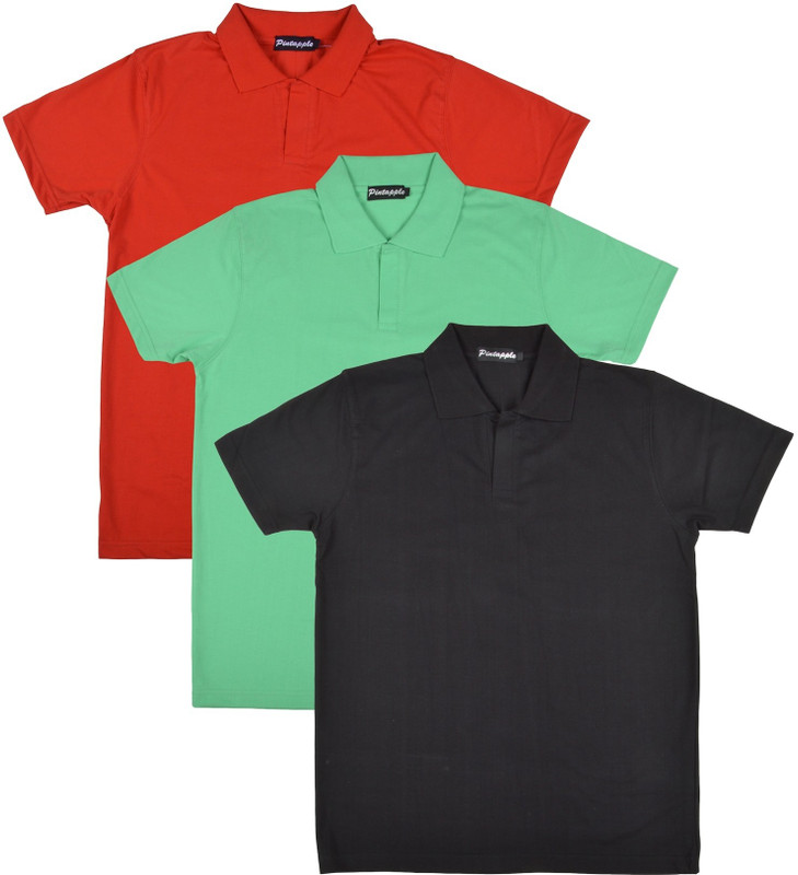 Pintapple Solid Men Polo Neck Black, Light Green, Red T-Shirt(Pack of 3)