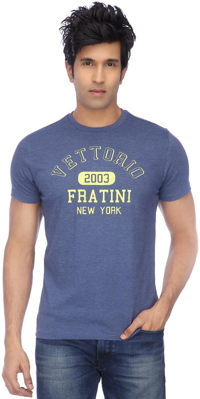 Vettorio Fratini Printed Men Round Neck Blue T-Shirt