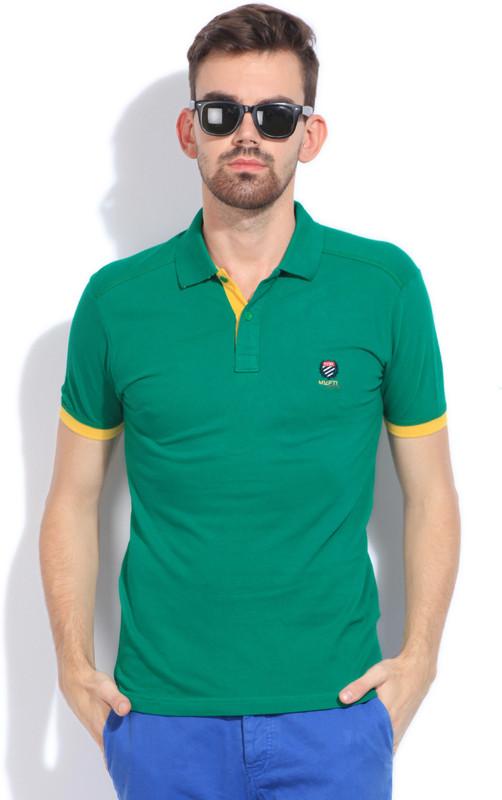 Mufti Solid Men Polo Neck Green T-Shirt
