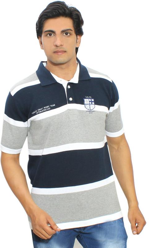 Thread Craft Striped Men Polo Neck Grey, Blue T-Shirt