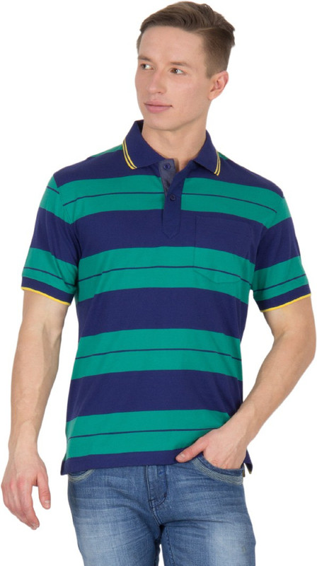 Wilkins & Tuscany Striped Men Polo Neck Green T-Shirt