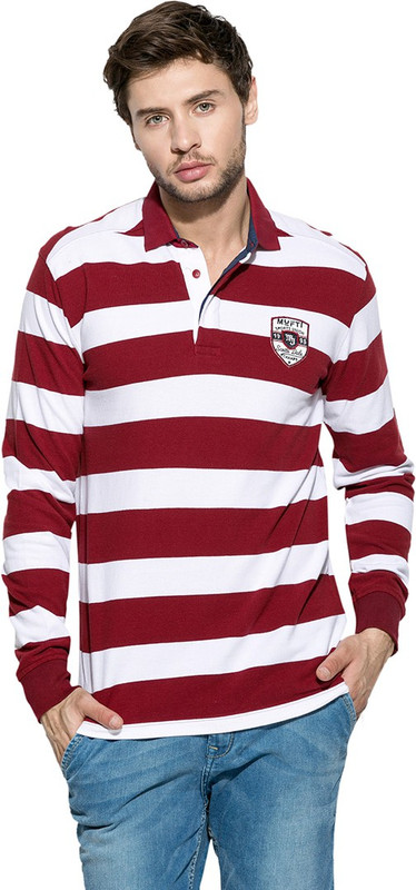 Mufti Striped Men Polo Neck Maroon, White T-Shirt
