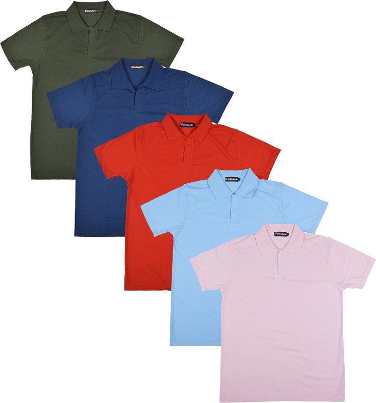 Pintapple Solid Men Polo Neck Pink, Light Blue, Red, Dark Blue, Dark Green T-Shirt(Pack of 5)