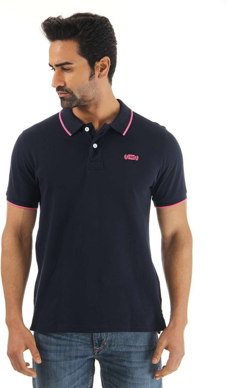 Flying Machine Solid Men Polo Neck Dark Blue T-Shirt