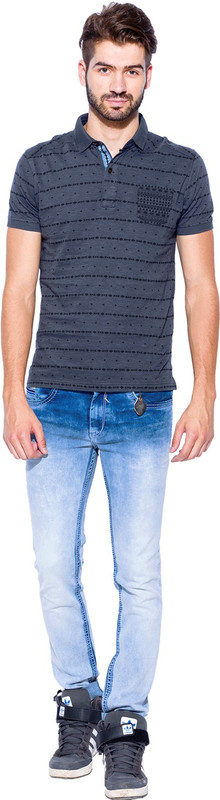 Mufti Printed Men Polo Neck Grey, Black T-Shirt
