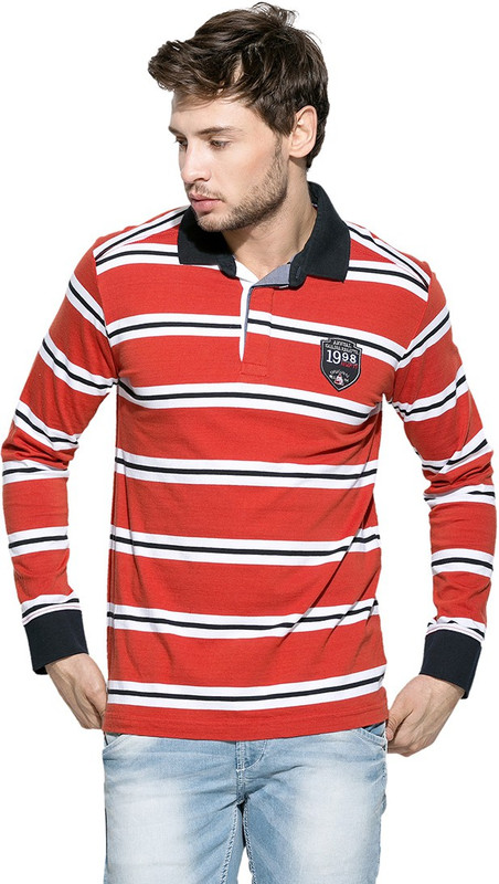 Mufti Striped Men Polo Neck Orange, Multicolor T-Shirt