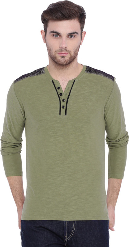 Arise Self Design Men Henley Green T-Shirt