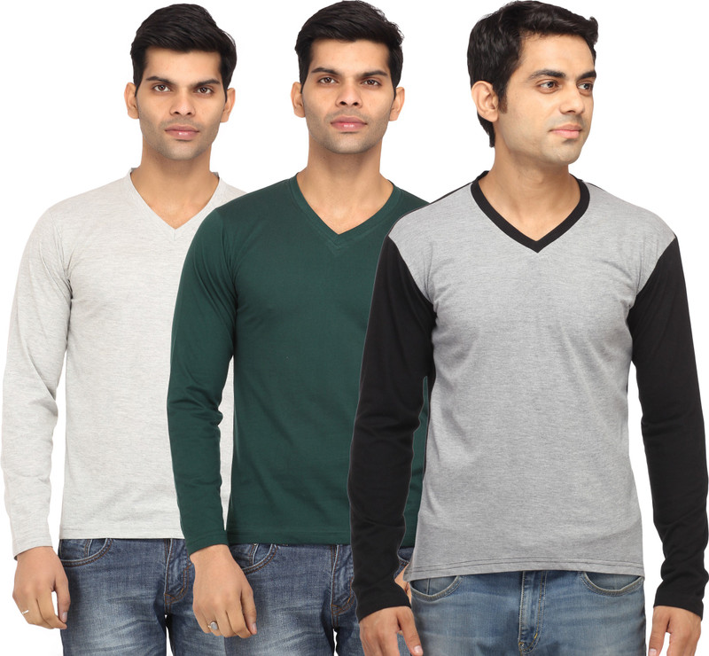 Leana Solid Men Round Neck Grey, Green, Grey T-Shirt(Pack of 3)