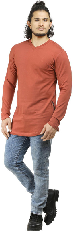 Oviyon Solid Men V-neck Maroon T-Shirt
