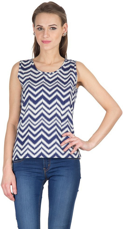 Hypernation Chevron Women Round Neck Blue T-Shirt
