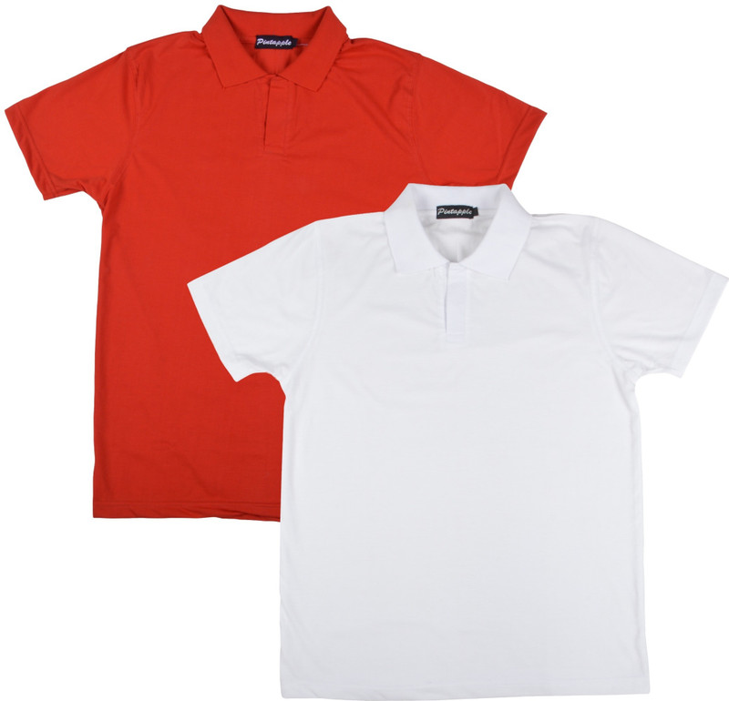 Pintapple Solid Men Polo Neck White, Red T-Shirt(Pack of 2)