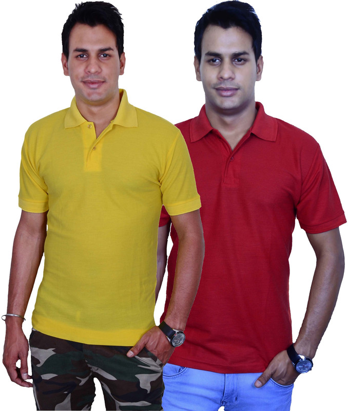 Blaze Solid Men Polo Neck Yellow, Red T-Shirt(Pack of 2)