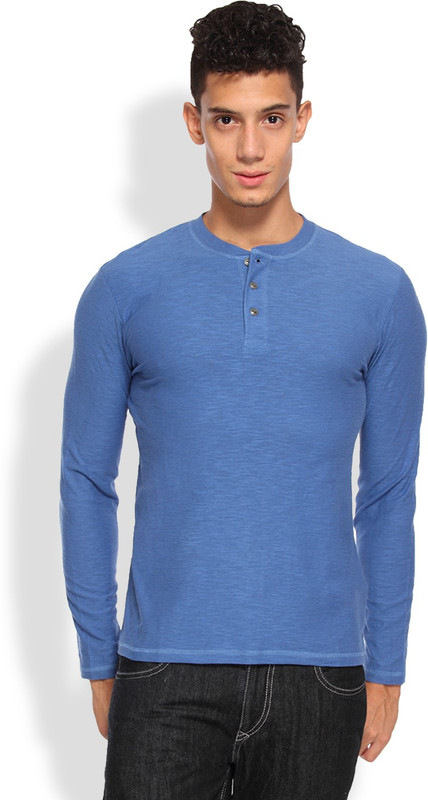 Arise Self Design Men Henley Light Blue T-Shirt