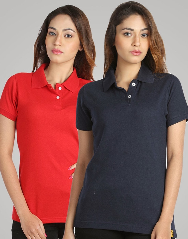 Campus Sutra Solid Women Polo Neck Red, Blue T-Shirt(Pack of 2)