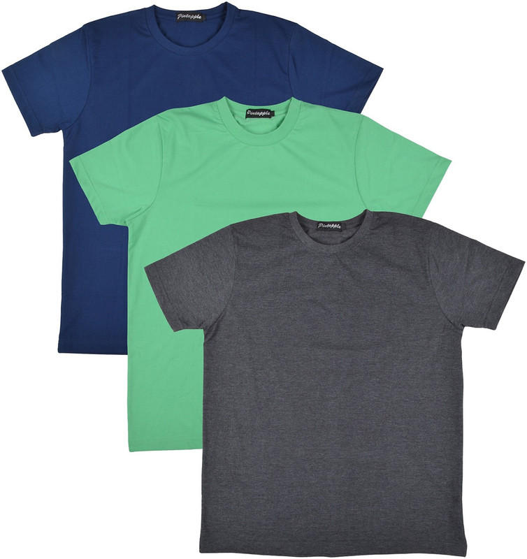 Pintapple Solid Men Round Neck Grey, Light Green, Dark Blue T-Shirt(Pack of 3)