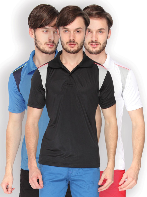 Campus Sutra Solid Men Polo Neck Denim Black, Grey, Blue, Blue, White, Grey T-Shirt(Pack of 3)