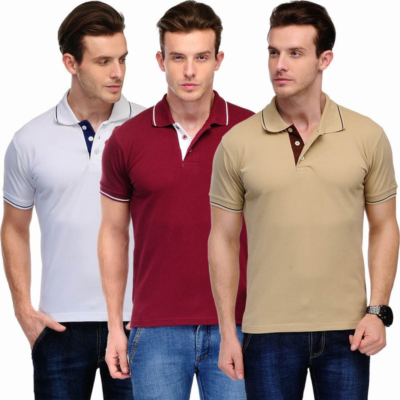 Scott International Solid Men Polo Neck White, Maroon, Beige T-Shirt(Pack of 3)