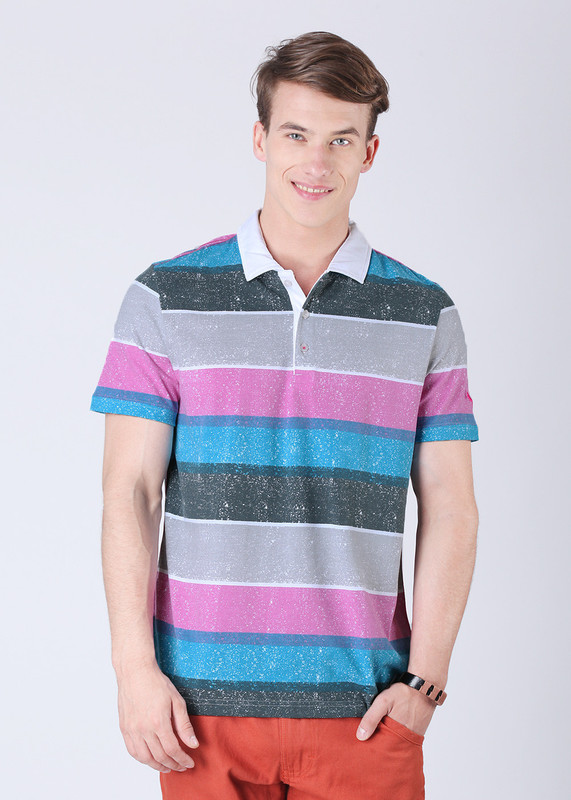 Puma Striped Men Polo Neck Grey, Blue, Pink T-Shirt