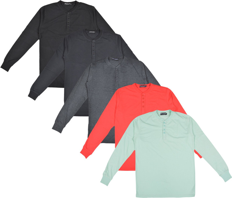 Pintapple Solid Men Henley Light Green, Red, Grey, Black, Black T-Shirt(Pack of 5)