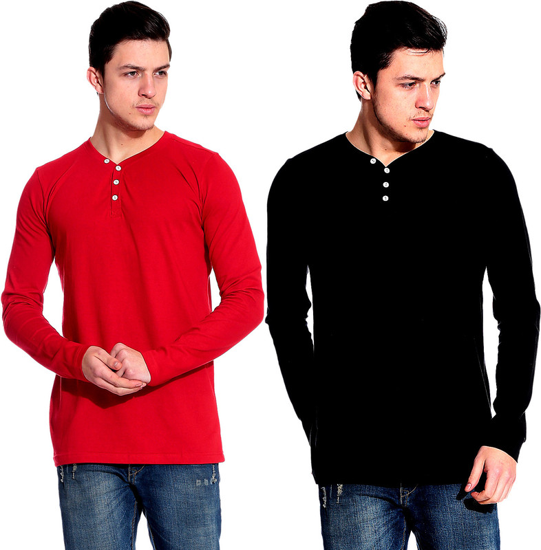 Lemon & Vodka Solid Men Henley Red, Black T-Shirt(Pack of 2)