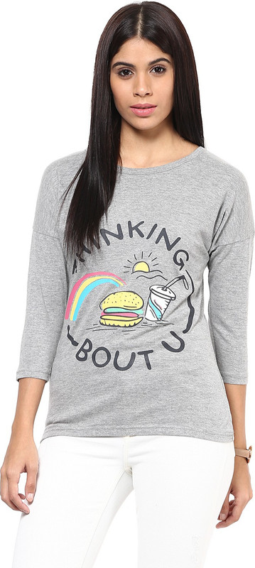 Hypernation Printed Women High Neck Grey T-Shirt