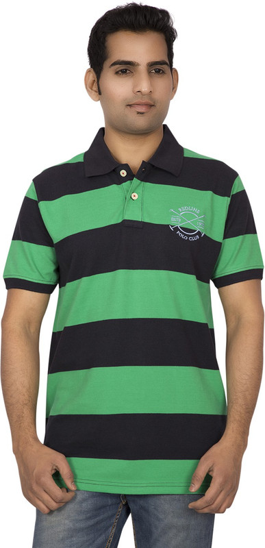 Red Line Striped Men Polo Neck Green, Blue T-Shirt