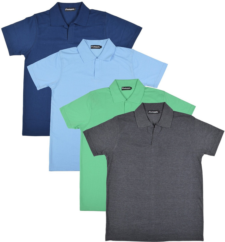 Pintapple Solid Men Polo Neck Grey, Light Green, Light Blue, Dark Blue T-Shirt(Pack of 4)