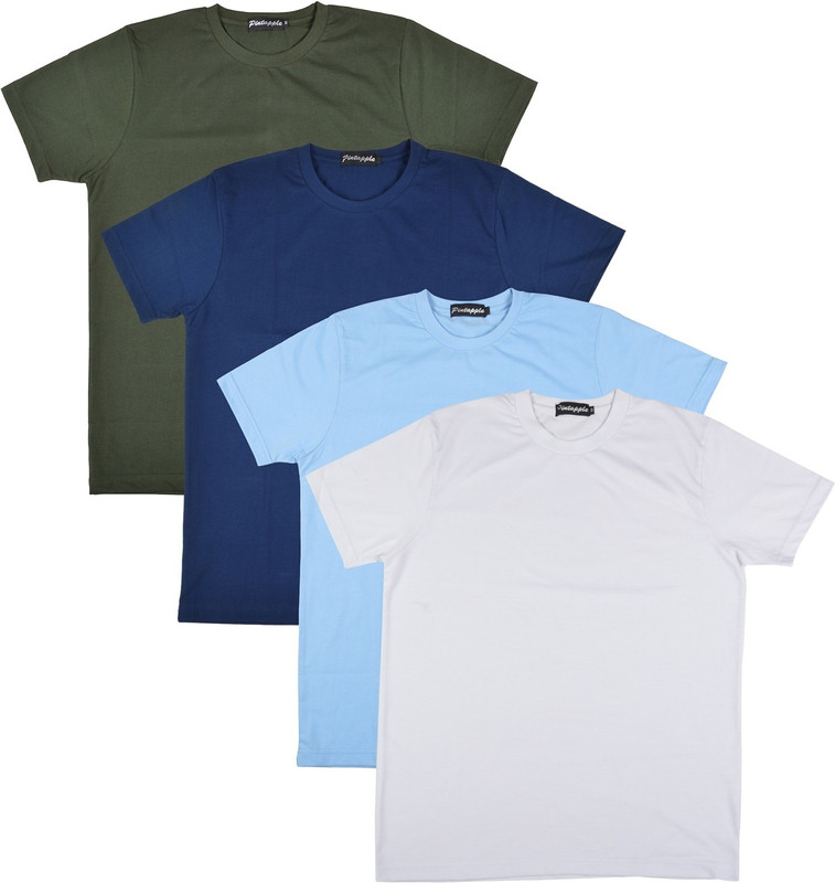 Pintapple Solid Men Round Neck White, Light Blue, Dark Blue, Dark Green T-Shirt(Pack of 4)