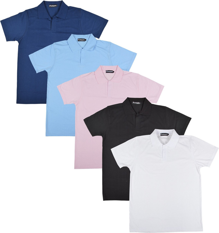 Pintapple Solid Men Polo Neck White, Black, Pink, Light Blue, Dark Blue T-Shirt(Pack of 5)