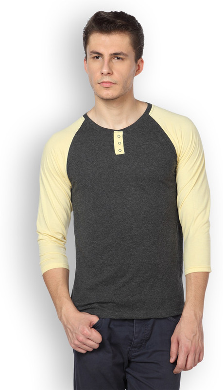 DIFFERENCE OF OPINION Solid Men Henley Yellow T-Shirt