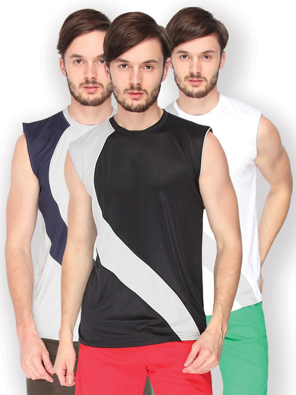 Campus Sutra Solid Men Round or Crew Denim Blue, Red, Grey, Blue, White, Grey T-Shirt(Pack of 3)