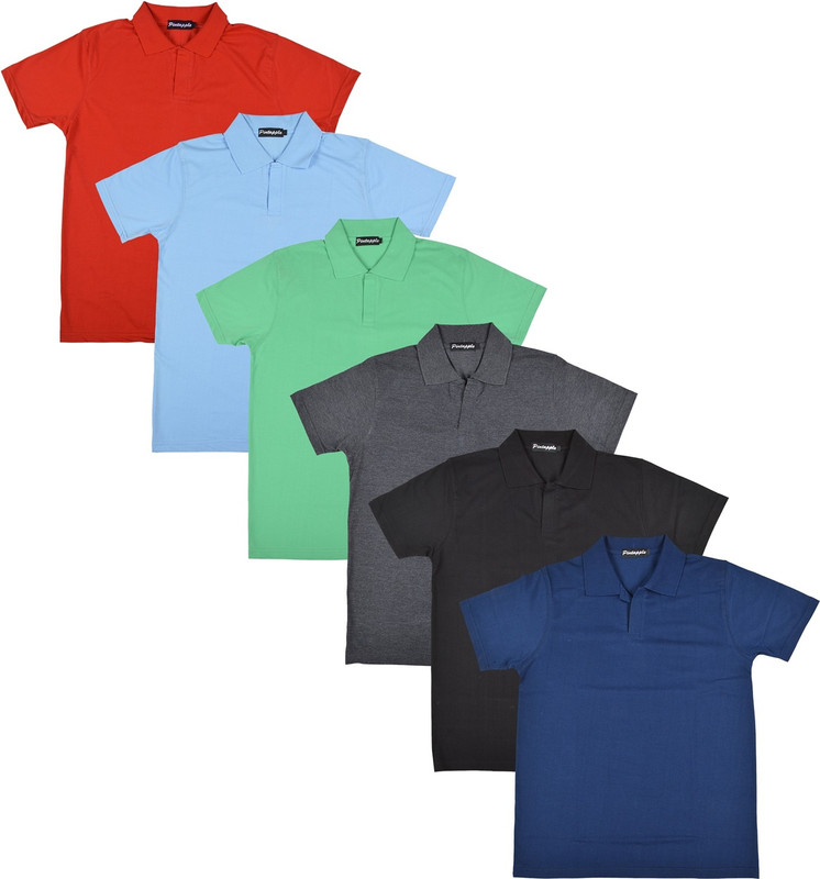 Pintapple Solid Men Polo Neck Black, Grey, Light Green, Light Blue, Red, Dark Blue T-Shirt(Pack of 6)