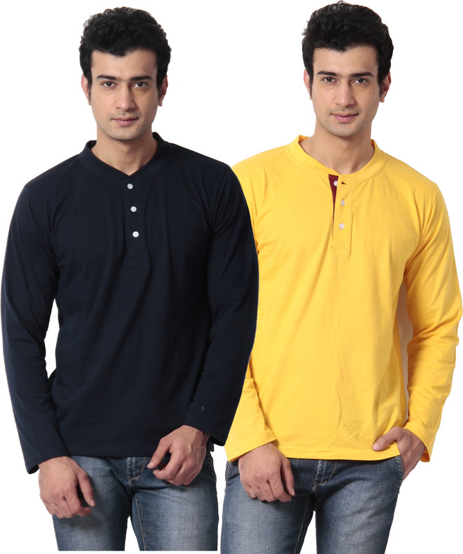 Leana Solid Men Henley Multicolor T-Shirt(Pack of 2)