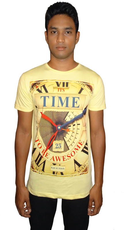 East West Printed Men Round Neck Yellow T-Shirt