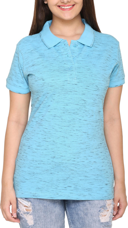 Colors & Blends Solid Women Polo Neck Blue T-Shirt