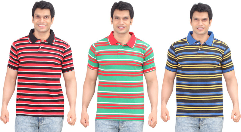Zebu Striped Men Polo Neck Black, Green, Blue T-Shirt(Pack of 3)