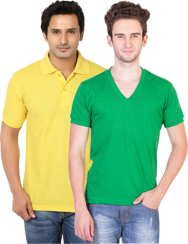 Keepsake Solid Men Polo Neck Yellow, Green T-Shirt(Pack of 2)