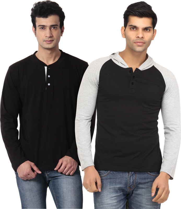 Leana Solid Men Round Neck Black, Grey T-Shirt(Pack of 2)