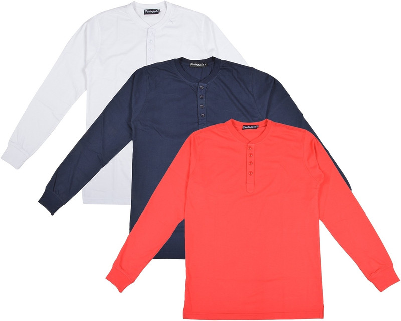 Pintapple Solid Men Henley Red, Dark Blue, White T-Shirt(Pack of 3)
