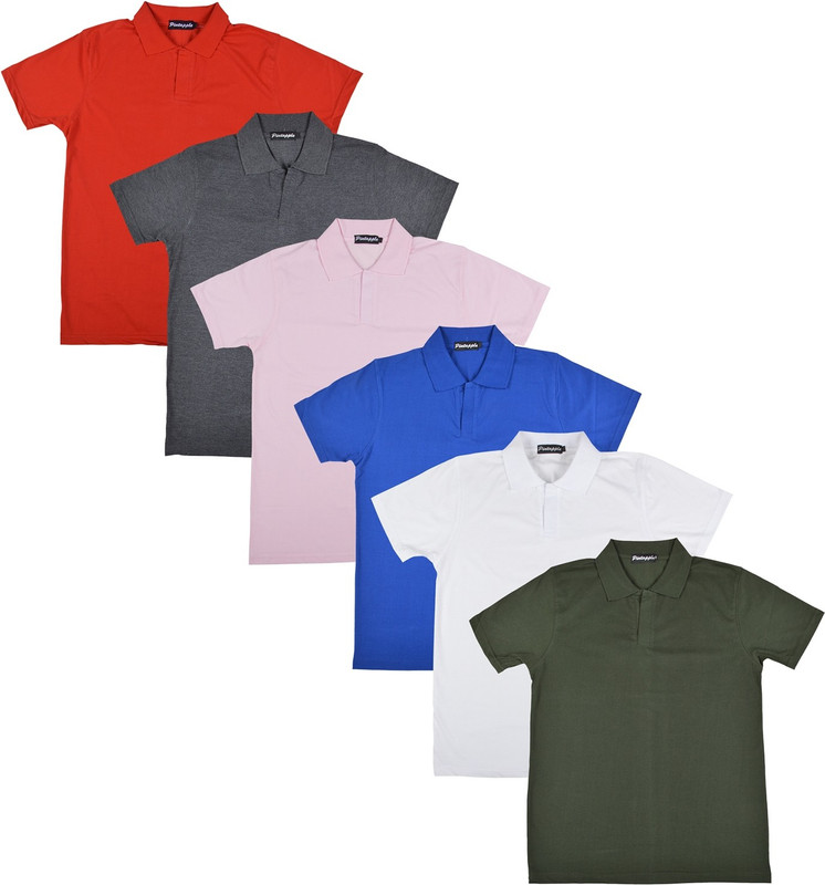 Pintapple Solid Men Polo Neck White, Blue, Pink, Grey, Red, Dark Green T-Shirt(Pack of 6)