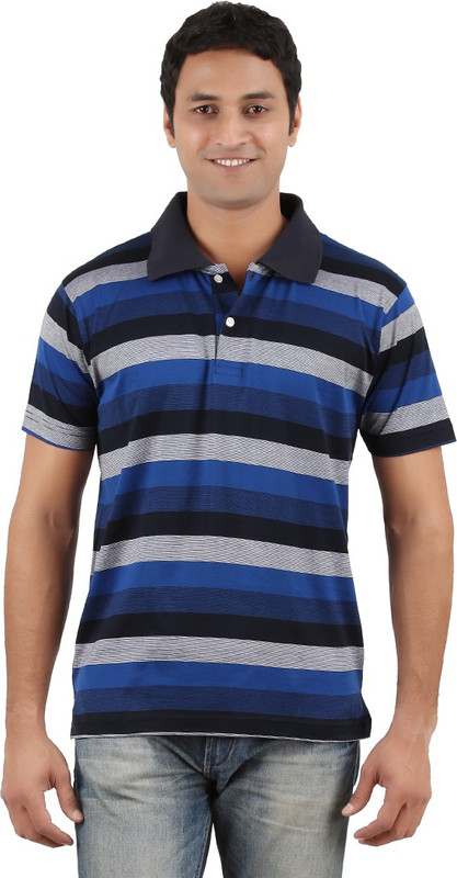 Neoteric Striped Men Polo Neck Dark Blue T-Shirt