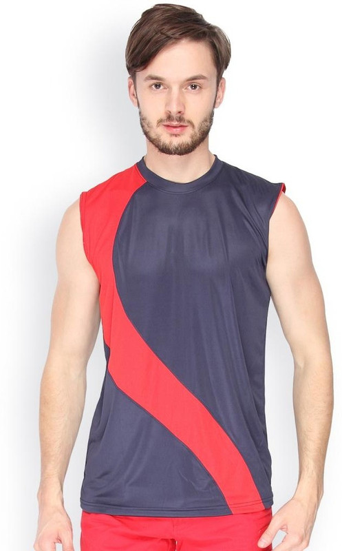 Campus Sutra Solid Men Round or Crew Blue, Red T-Shirt