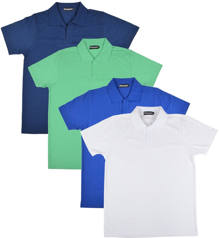 Pintapple Solid Men Polo Neck White, Blue, Light Green, Dark Blue T-Shirt(Pack of 4)