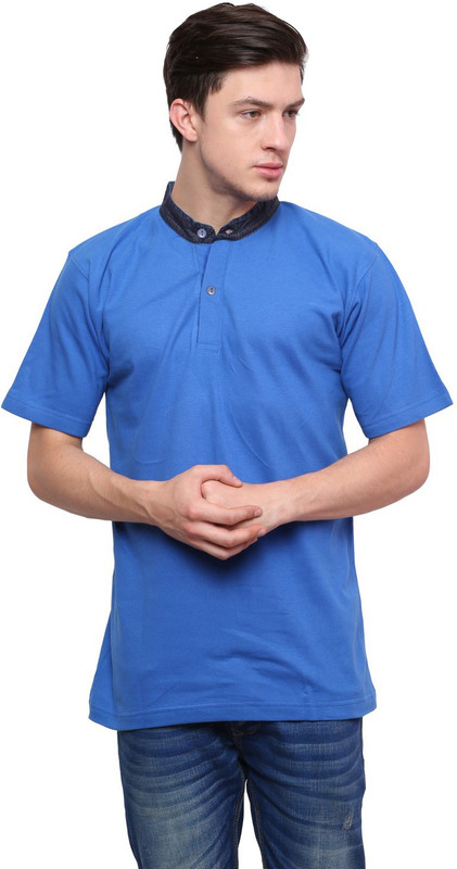 Lemon & Vodka Solid Men Mandarin Collar Blue T-Shirt