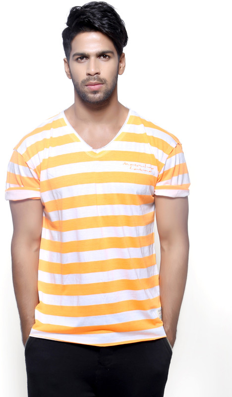 Masculino Latino Striped Men V-neck Reversible Orange T-Shirt